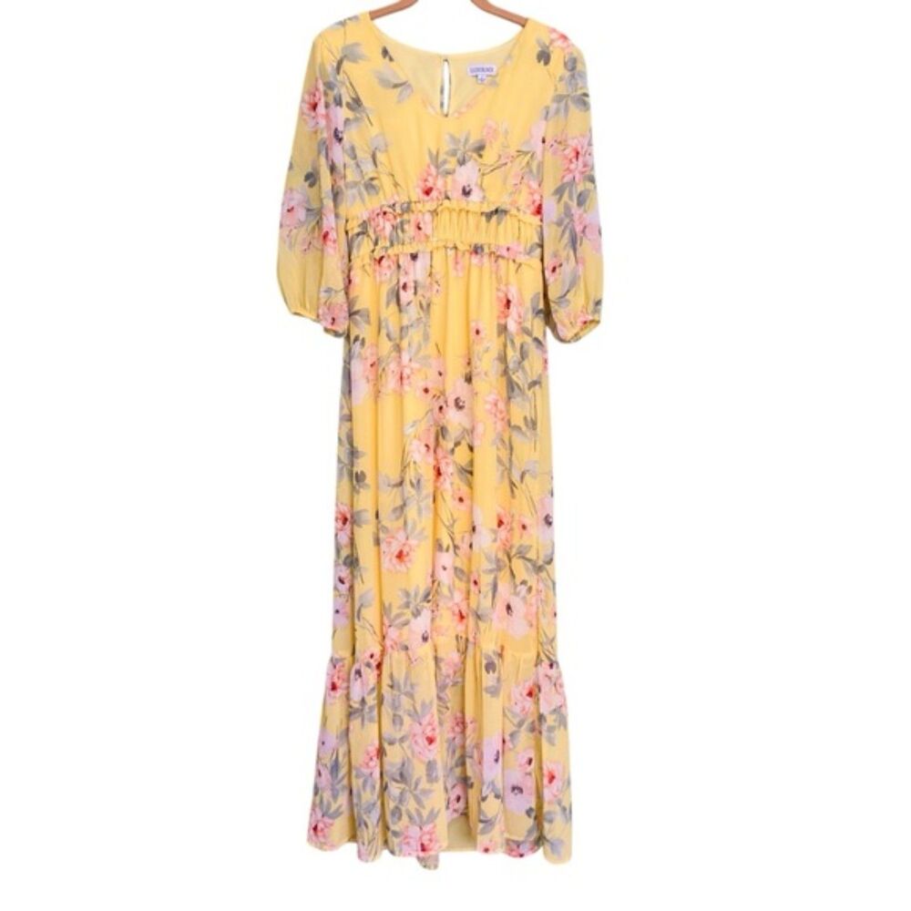Luxology Floral Overlay V-neckline Flowy Maxi Dress Romantic Summer Size Small